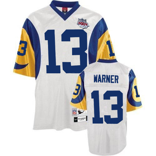 Men's Authentic Kurt Warner Super Bowl XXXIV Mitchell and Ness Jersey White Road - #13 Throwback NFL Los Angeles Rams